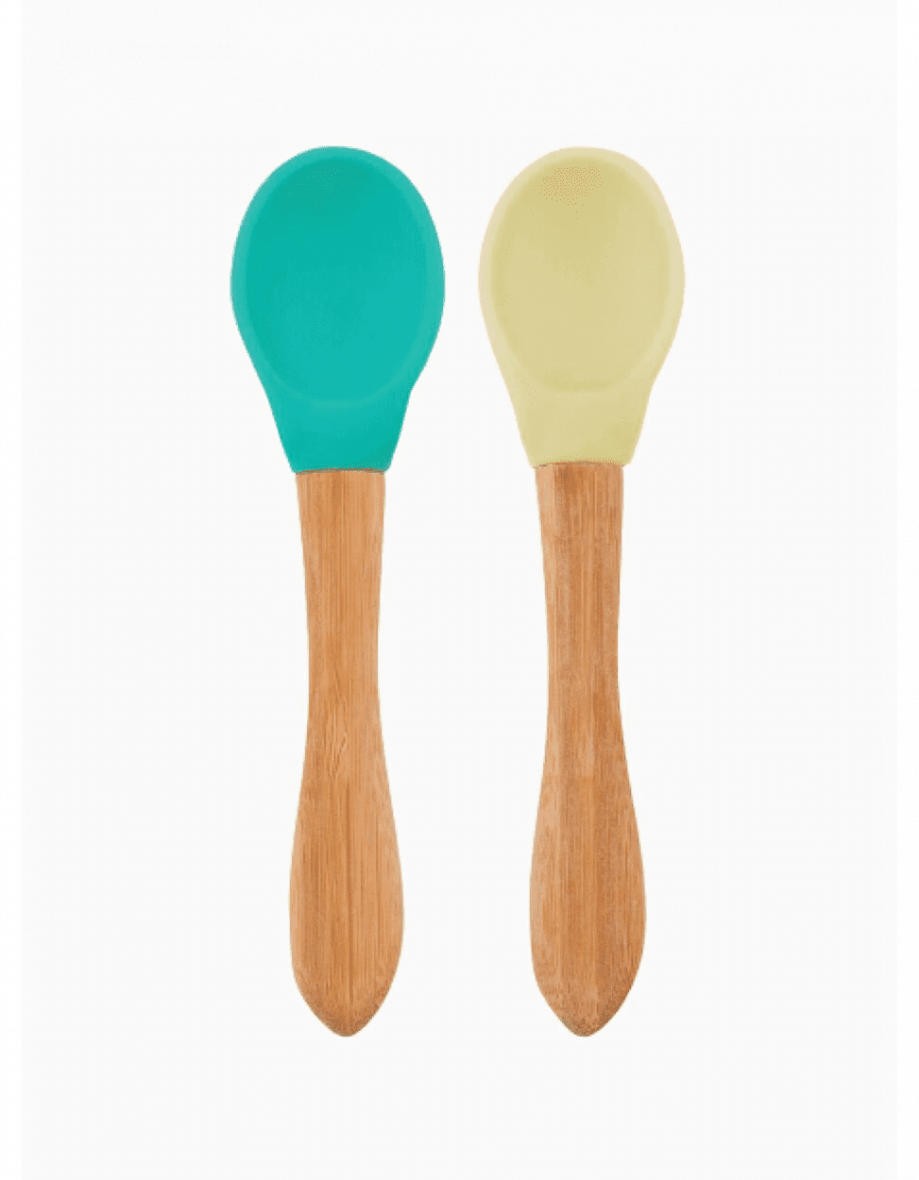 Minikoioi Colheres em Silicone e Bambu – Verde e Amarelo