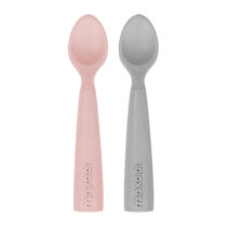 Esta é uma colher de silicone da marca Minikoioi, na cor rosa e cinzento. É ideal para alimentar os bebés de forma segura e saudável, pois é feita de silicone macio e resistente.
